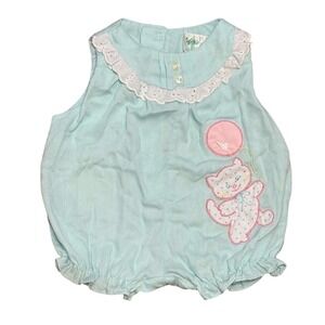 Vtg Tiny Tots Cat Balloon Baby Bubble Romper 0-3M Mint Green Ruffle Spring
